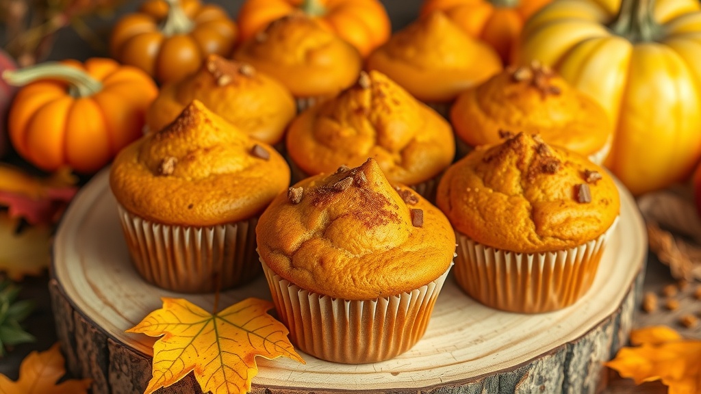 Spiced Pumpkin Muffins Recipe Freshly baked pumpkin muffins on a wooden board surrounded by pumpkins and autumn leaves.